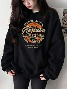 Vintage Stamp Style Round English Slogan "THE DARKNESS IS NO DARKNESS" Print Black Crew Neck Sweatshirt Autumn Top - Black - View 1