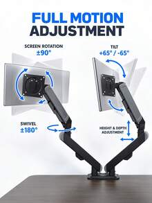 1pc Adjustable Gas Spring Dual Monitor Arm, Fits Two 13-32 Inch Screens, Single Arm Load Capacity 2-9kg, Supports VESA 75x75mm And 100x100mm, Tilt And Swivel, Cable Management, Clamp And Grommet Base, Suitable For Home Office, Gaming And Workstation - View 2