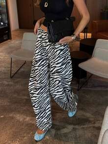 2026 New Autumn Zebra Print Women's Long Pants, Elegant Casual Design, Elastic Waistband, No Belt, Versatile Commuter Style - Black and White - View 1