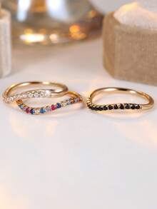 3pcs Minimalist Cubic Zirconia Curved Ring Set, Women's Stackable Rings, Jewelry Gift - Multicolor - View 4