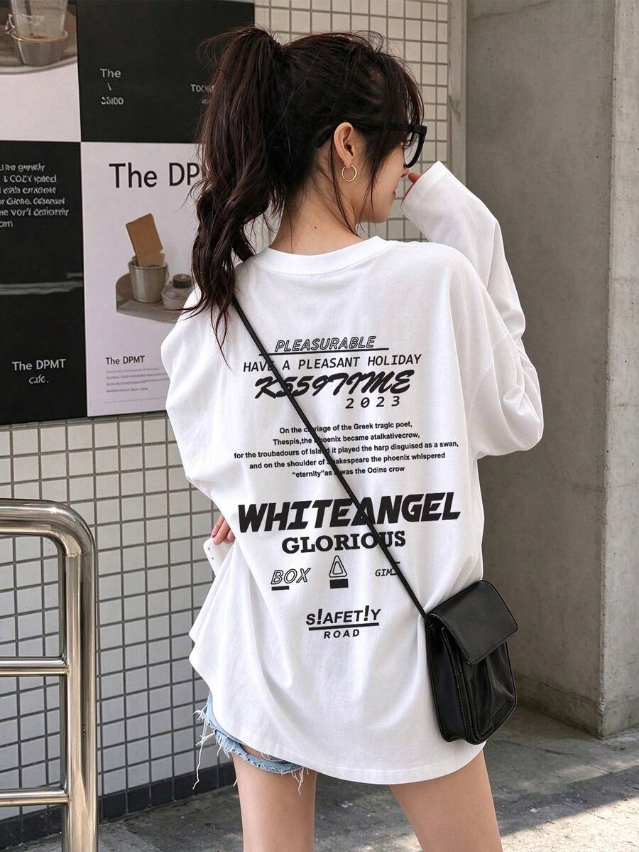 女款時尚秋冬寬鬆圓領休閒百搭字母印花長袖T恤 - 白色 - 查看 1