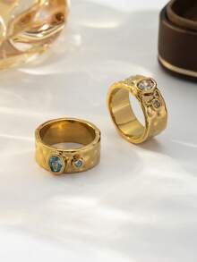 1pc Exquisite Charming Cubic Zirconia Gold Thick Ring, Suitable For Women's Daily Wear, Dating, Party, Banquet, Gift. - Gold - View 3
