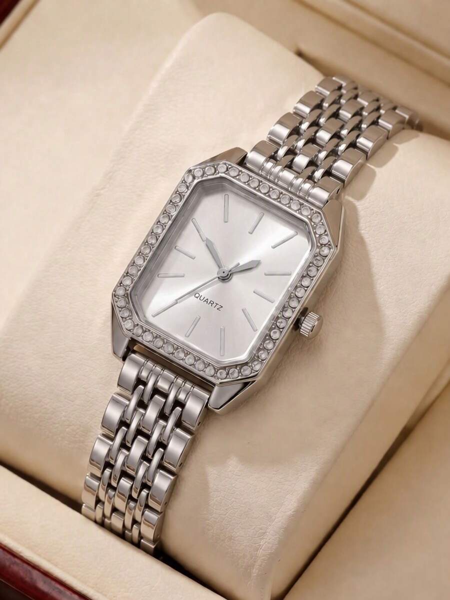 Women's Rhinestone Hexagonal Dial Quartz Watch, Elegant Metal Band Wristwatch, Birthday, Christmas, Valentine's Day Gift For Her - White - View 1