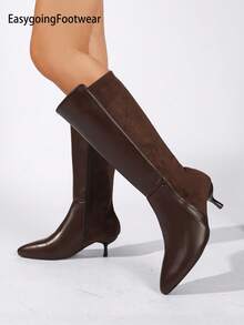 Women's Patchwork Pointed Toe Stiletto High Shaft Boots, Side Zip Fashion Autumn/Winter Tall Boots - Coffee Brown - View 5