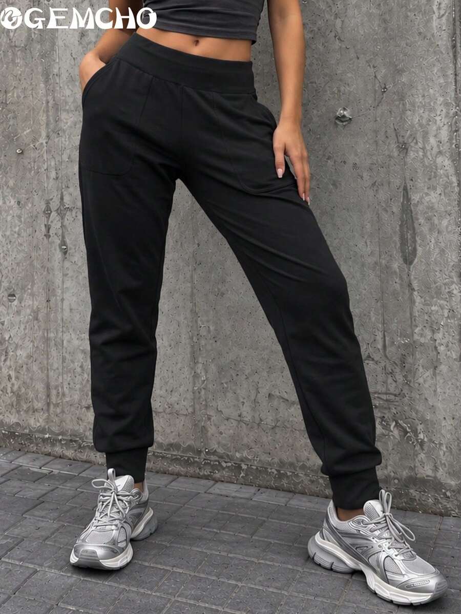 GEMCHO 女款黑色純色高腰錐形瑜伽褲，寬腰帶前口袋長款運動褲，適合皮拉提斯、健身房與休閒穿著