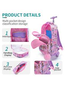 3PCS Kids Wheeled Travel Bag, Double-Sided Pink Cartoon Unicorn Sequins Design Bookbag For Students, With Handbag And Pen Bag, Nighttime Reflective. - Pink - View 10