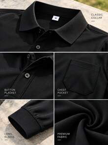Men's Autumn Long Sleeve Polo Shirt With Chest Pocket, Solid Color Collar Button-Up Top, Suitable For Outdoor Golf And Daily Wear - Black - View 5