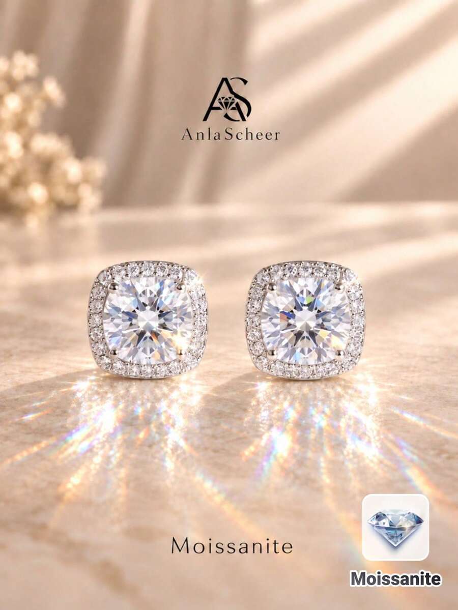 AnlaScheer 1pc 0.03-0.5ct Moissanite 925 Sterling Silver Halo Flat Back Cartilage Spiral Piercing Ear Stud, Women's Engagement Wedding Bridal Jewelry