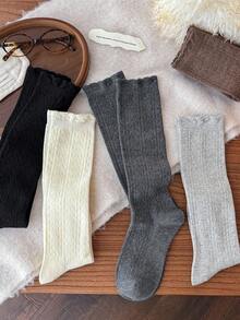 1/5 Pairs Women's Calf Socks, Autumn/Winter Warm Vertical Striped Lace Solid Color Slimming Anti-Slip Knee-High Slouch Socks, Match With Boots, Daily Wear - Multicolor - View 3