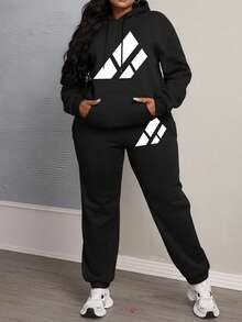 Women's Plus Size 2 Pieces Pajama Set, Geometric Print Long Sleeve Hoodie & Sweatpants Set, Suitable For Home Wear, Black Hoodie Set, Also Suitable For Outdoor Sports And Winter Wear - Black - View 1