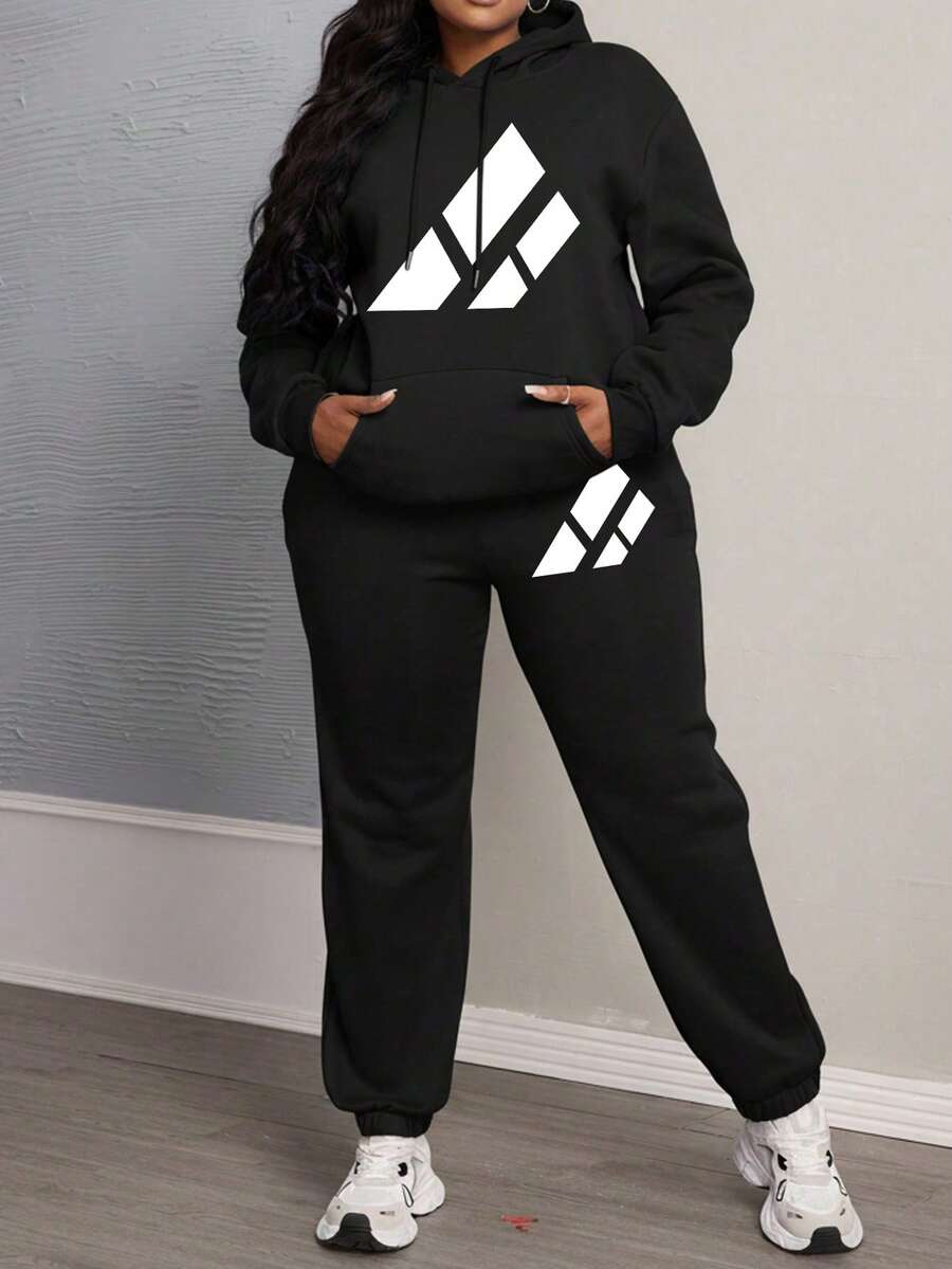 Women's Plus Size 2 Pieces Pajama Set, Geometric Print Long Sleeve Hoodie & Sweatpants Set, Suitable For Home Wear, Black Hoodie Set, Also Suitable For Outdoor Sports And Winter Wear - Black - View 1