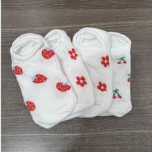 4/1 Pair/Set Women's Cherry, Strawberry And Floral Print White Thin Invisible Short Socks, Suitable For Daily Wear - Multicolor - View 7