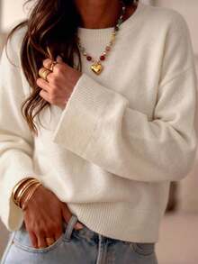 Live To Mo Women French‑Style Round Neck Loose Knitted Sweater, Dropped Shoulder Sleeve Short Knit Top For Fall Back To School & Daily Wear - Beige - View 7
