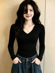 Plus Size Women's Black V-Neck Fitted Long Sleeve Base Layer Top, Minimalist Elegant All-Match Style, Versatile Practical Commute Casual Daily Wear - Black - View 5