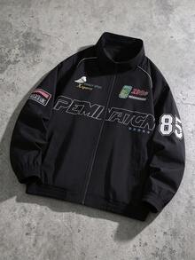 Men's Loose Fit Racing Style Stand Collar Zip-Up Jacket, Letter & Patch Print Streetwear Outerwear, Suitable For Spring And Autumn Daily Wear - Black - View 1