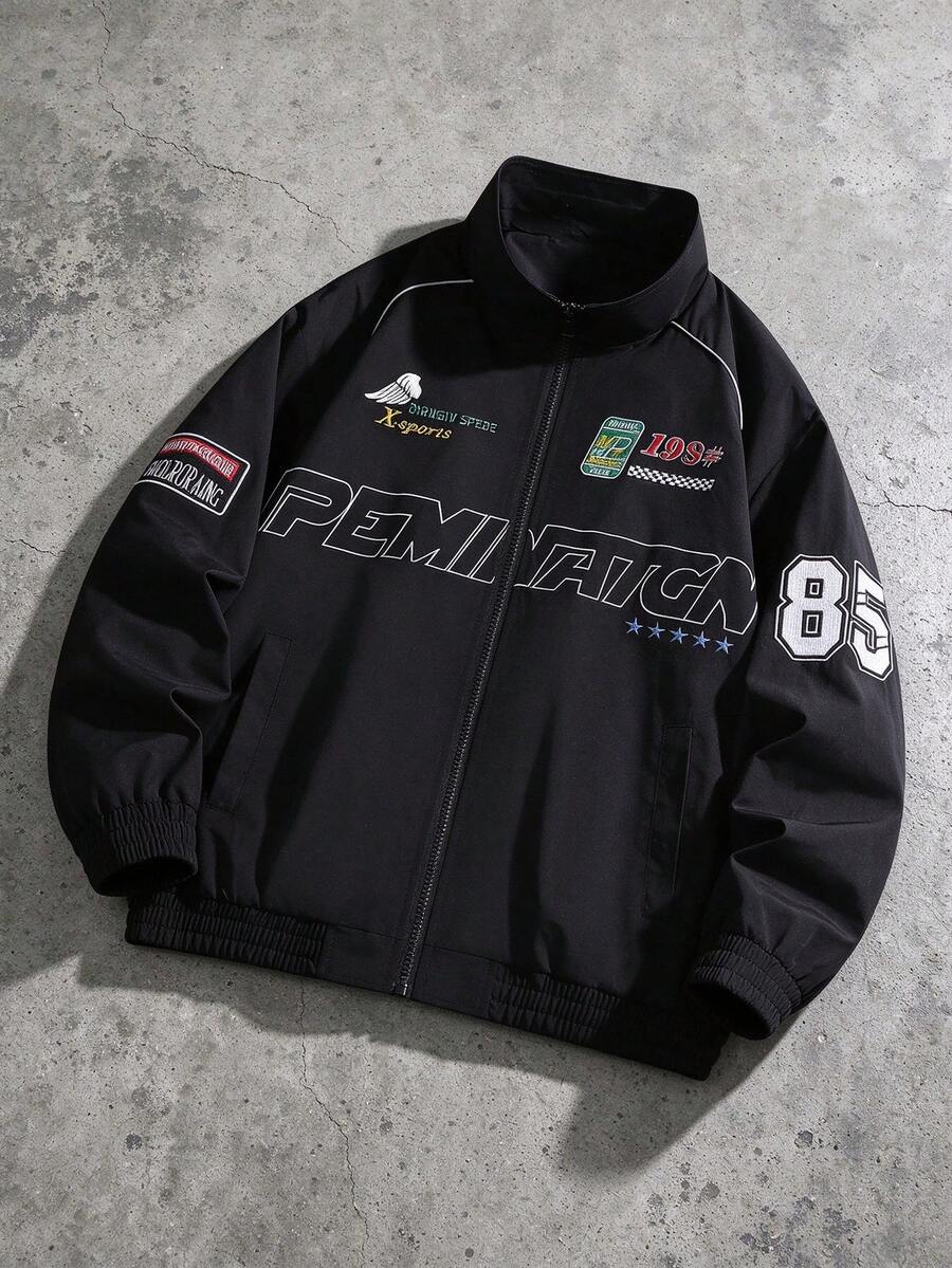 Men's Loose Fit Racing Style Stand Collar Zip-Up Jacket, Letter & Patch Print Streetwear Outerwear, Suitable For Spring And Autumn Daily Wear - Black - View 1