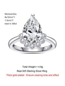 ANU JEWEL 4.0CT 8x12mm S925 Silver Teardrop Cut Moissanite Ring, Suitable As Wedding Gift - White - View 4