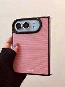 Minimalist Striped Pattern Shockproof Pink Phone Case, Compatible With IPhone Duo 18 Ultra Fold, Black Frame Hard Shell Protective Cover - Pink - View 3