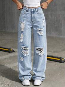 Tween Girl Elastic Waistband Dual Pockets Fashion Distressed Casual Loose Straight Leg Denim Jeans - Blue - View 1