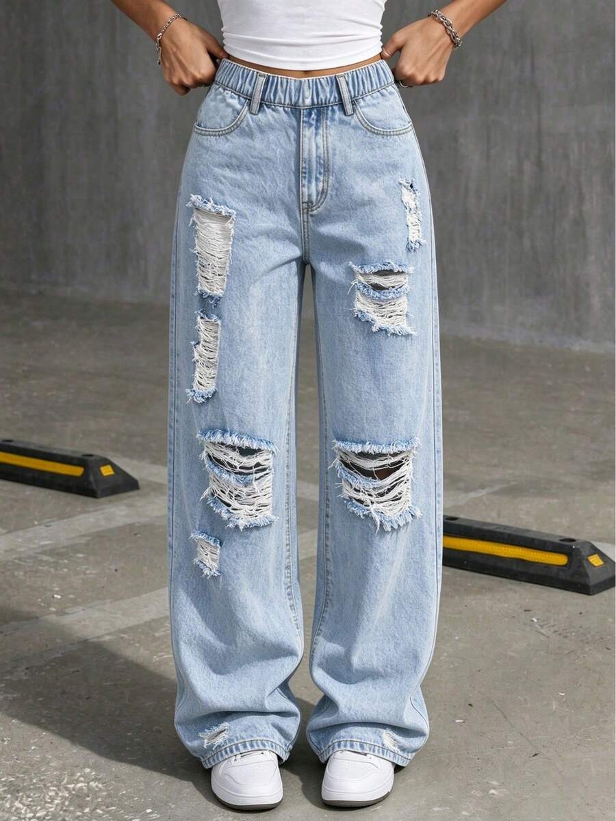 Tween Girl Elastic Waistband Dual Pockets Fashion Distressed Casual Loose Straight Leg Denim Jeans - Blue - View 1