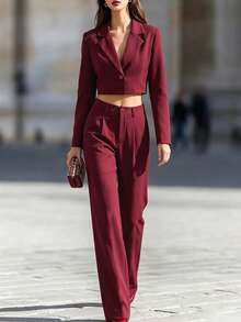 Women's Fashion Burgundy Short Blazer & Pleated Wide Leg Pants Set, Stylish Lapel Button Detail Outfit, Suitable For New Year And Autumn - Burgundy - View 6