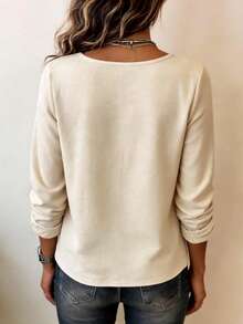 Elegant Women's Bohemian Style Solid Color V-Neck Long Sleeve Blouse, Button Decor, All-Season Regular Fit Woven Shirt - Apricot - View 2
