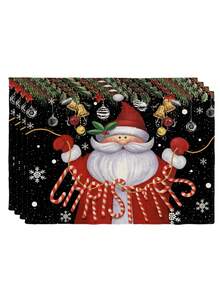 2/4/6Pcs Christmas Placemat, Black Background Santa Claus Candy Cane Print Linen Table Mat, Winter Holiday Table Decor For Dining Table, Farmhouse Xmas Party Kitchen Tabletop Decoration, Holiday Season Table Accessory - Black - View 9