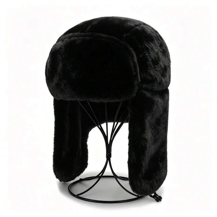 1pc Unisex Black Fleece Bomber Hat, Adjustable Sun Protection Casual Hat For Outdoor, Spring/Autumn Travel, Beach And Party - Multi-color - View 1