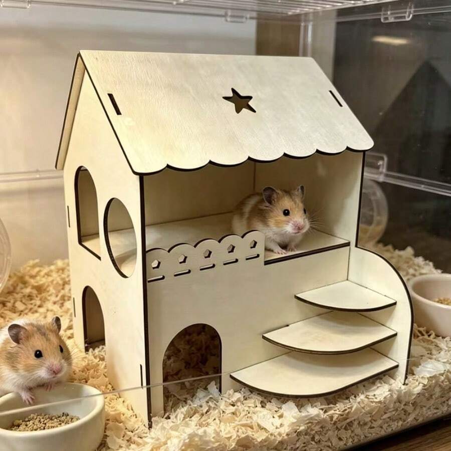 Double-Layer Wooden Hamster Hideout With Ladder And Viewing Platform, Hamster Villa Decor Nest, Universal For Small Mice - one-size - View 1