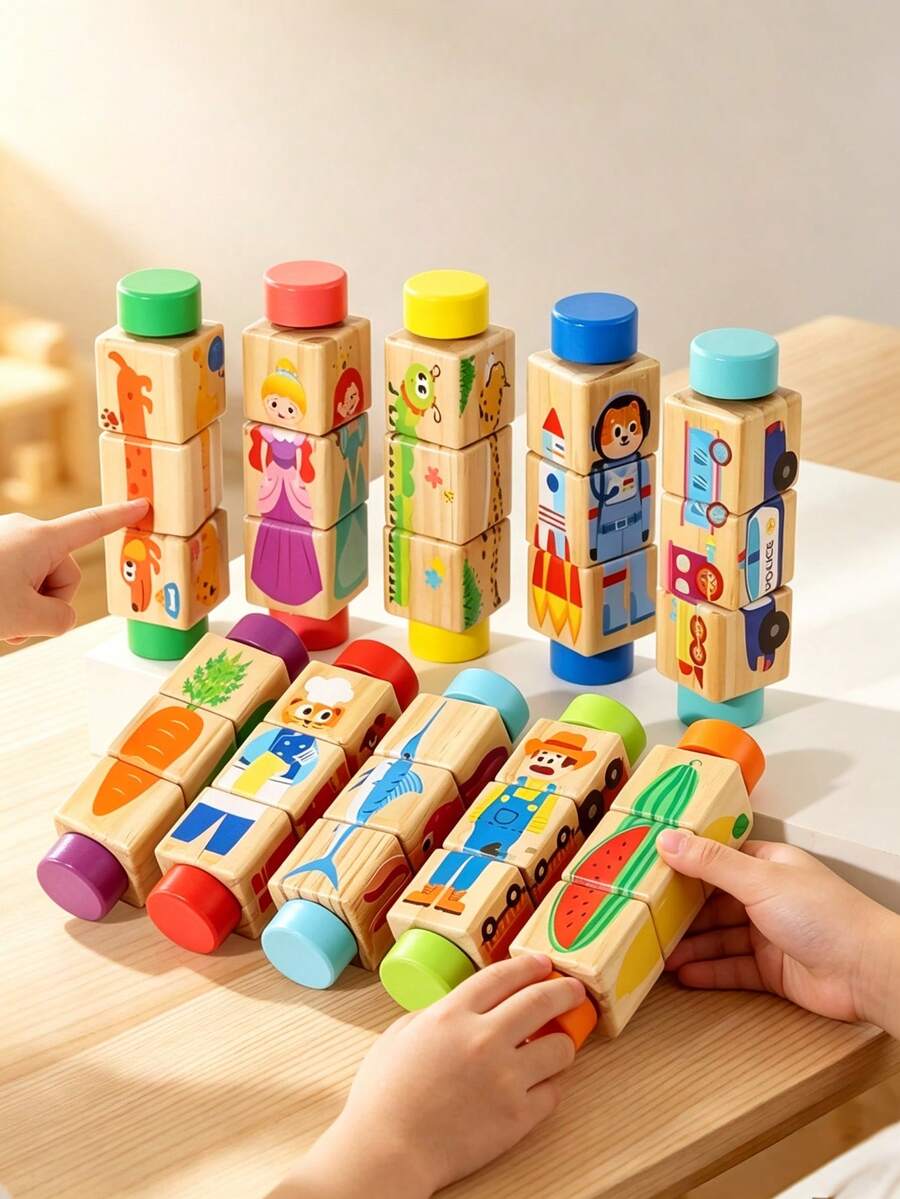 Khối xếp hình xoay bằng gỗ: Đồ chơi xoay tương tác với thiết kế công chúa, phi hành gia, động vật và trái cây - Trò chơi ghép hình xoay giáo dục, tăng cường kỹ năng vận động tinh và trí tưởng tượng, quà tặng Giáng sinh và sinh nhật hoàn hảo - Nhiều màu - Xem 1