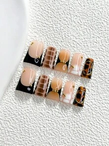 秋季 10片裝復古玳瑁風手工穿戴甲 Polygel美甲套組 鋼珠款 黑白配色 極簡金屬風 杏仁甲 鴨嘴甲 棺材甲 適合派對、舞蹈、日常佩戴（手工細節可能有所不同） - 彩色 - 查看 12