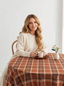 Veyra Day 1pc Rust Red Plaid Square Tablecloth, Farmhouse Style Dining Table Cover, Made Of Polyester, Suitable For Kitchen, Dining Room And Christmas Decor - Rust Red - View 3