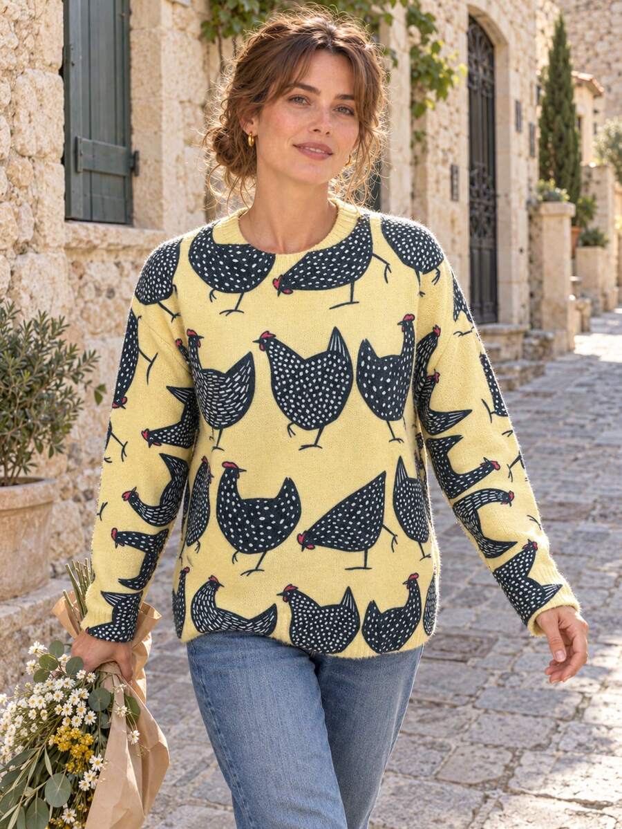 Women's Elegant Chicken Print Crew Neck Pullover Sweater, Ribbed Knit Detail, Medium Stretch, Suitable For Autumn/Winter Daily Wear - Yellow - View 1