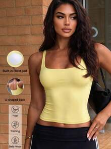 Aoqta Sports Women's Casual Double Layer Elastic Basic Camisole Tank Top With Removable Pads,Backless Fitted Going Out Top For Yoga,Daily,Fall - Yellow - View 12