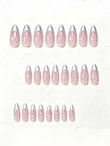 24pcs Handmade Long Slim Pointed False Nail Stickers, Pink French Tip, 3D Shell French Style, Water Drop & Floral Pattern, Y2K Style, Suitable For Women's Daily, Holiday And Travel Nail Decoration - Pink - View 9