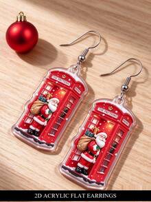 Anting Gantung Akrilik Santa Claus Bentuk Bilik Telepon Merah Datar 2D, Perhiasan Bertema Natal, Hadiah Kreatif - Santa Claus di dalam Bilik Telepon - View 2