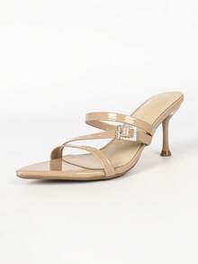 Nude Shiny Crisscross Pointed Toe Mule Sandals, Rhinestone Square Buckle Stiletto Dress Heels For Evening - Apricot - View 9
