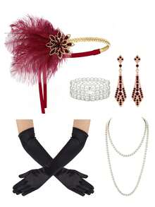 5-Piece Set 1920s Flapper Feathers Headband Alloy Rhinestone Earring Long Choker Necklace Satin Gloves Set For Women Accessories Gatsby Theme Party - Multicolor - View 16