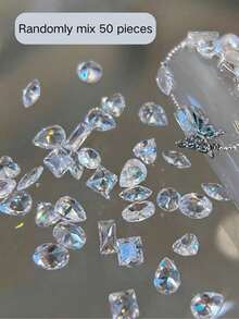 50pcs Mini Transparent Pointed Bottom Rhinestones, Super Shiny Rectangular Water Drop Nail Art Micro Rhinestones, Ice Clear Marquise Crystal Decorations Suitable For Nail Art Enthusiasts Collection, Also For Women And Girls DIY - Multicolor - View 6