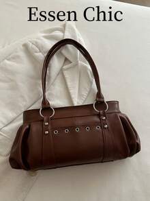 1pc Coffee Brown Metal Rivet Decor Large Capacity Solid Color PU Tote Bag Women's Shoulder Bag - Coffee Brown - View 2