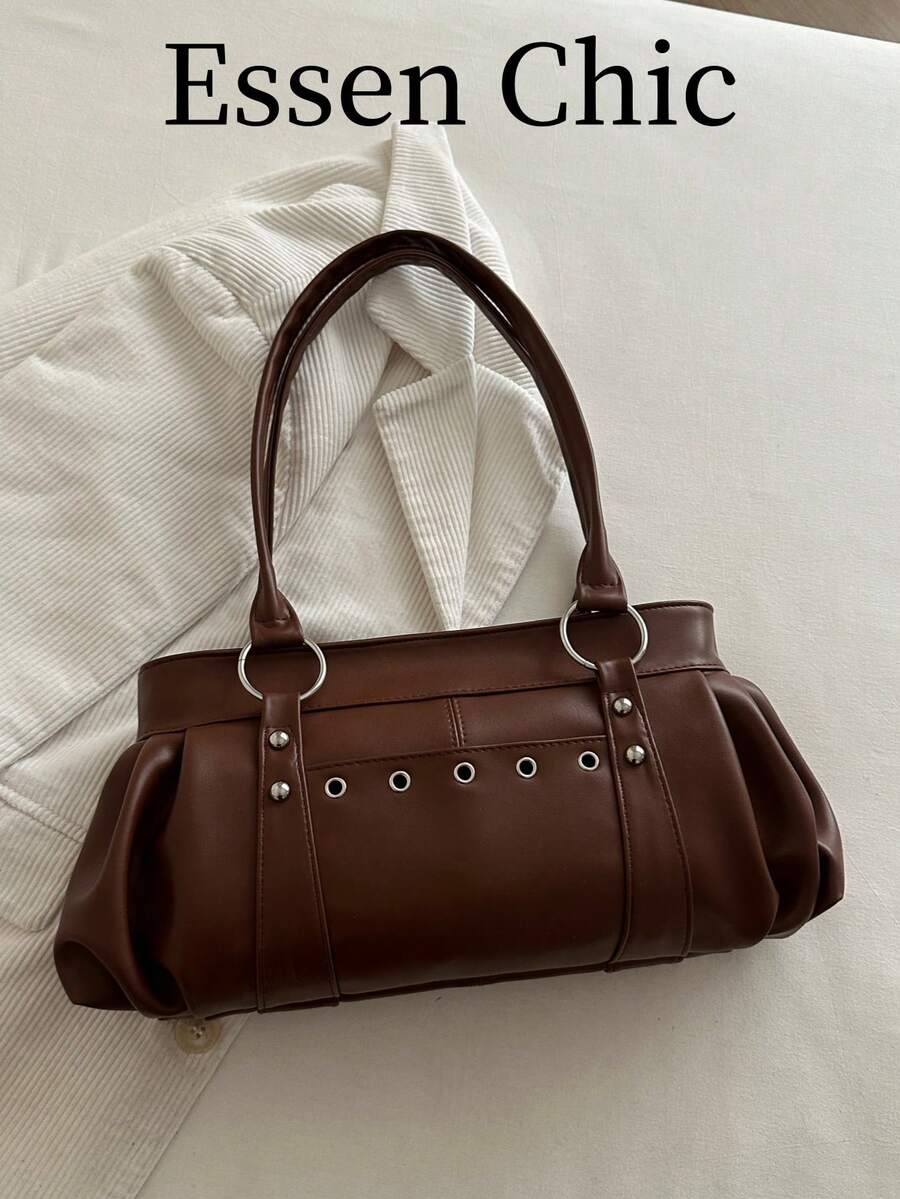 1pc Coffee Brown Metal Rivet Decor Large Capacity Solid Color PU Tote Bag Women's Shoulder Bag