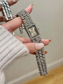1pc British Style Silver Square Women's Quartz Watch, Elegant Gray Dial With Delicate Markings, Suitable For Daily Wear, Party Or Gift - Silver - View 1