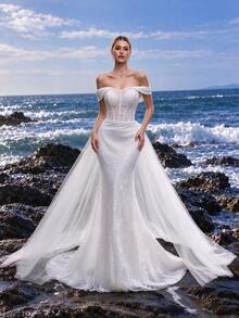 Vestido de novia elegante y lujoso de unicolor con empalme de malla y hombros descubiertos - Blanco - Ver 2