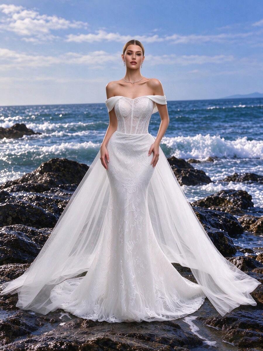 Vestido de novia elegante y lujoso de unicolor con empalme de malla y hombros descubiertos