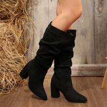 European & American Style Suede Slouchy Mid-Calf Knee-High Boots, Pointed Toe Chunky Heel Ruched Shaft, Autumn/Winter Daily Party Fashion Women's Boots - Black - View 6
