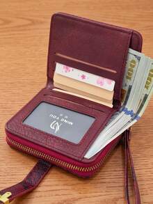 Vintage PU Multi-Function Snap Short Wallet With Zipper Coin Purse, Large Capacity Multi-Layer Accordion Card Holder, Simple Elegant Practical - Burgundy - View 3