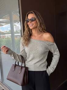 Cold Shoulder Wide Neck Short Knit Sweater, Light Gray Dropped Shoulder Loose Long Sleeve Basic Slouchy - Grey - View 3
