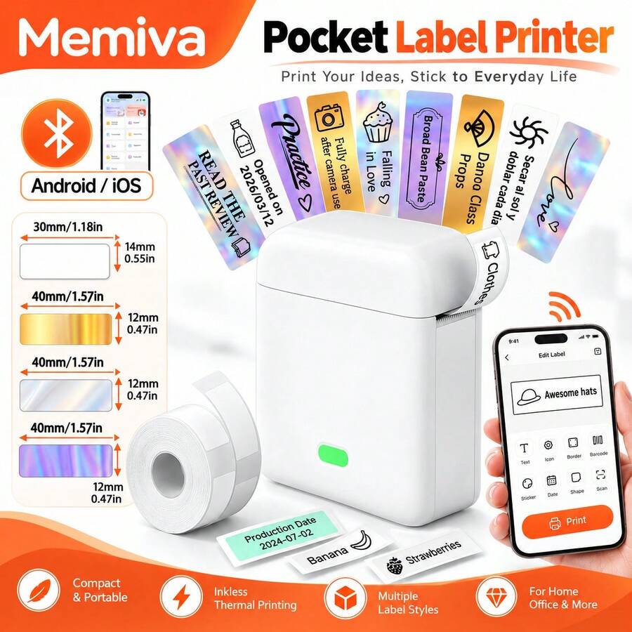 Memiva L12 Inkless Thermal Label Printer, Portable Mini Bluetooth Sticker Machine, Adhesive Label Maker, Similar To D11 D110 P15 Q30, Can Print Barcodes, Photos, Memo Stickers, Suitable For Home, Office, Small Business Organization - Multicolor - View 1