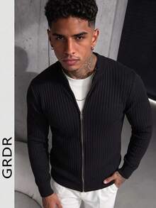 GRDR Men's Striped Zip-Up Slim Fit Regular Shoulder Cardigan Long Sleeve Sweater - Black - View 5
