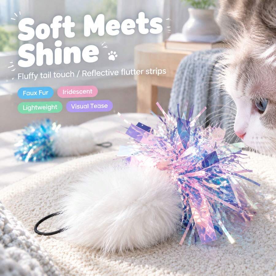 2pcs Blue & Pink Colorful Rain-Like Rabbit Tail Flower Cat Toy, Rabbit Tail Flower Design, Cat Self-Entertainment & Boredom Relief Teaser Toy, Pet Interactive Cat Toy - View 1